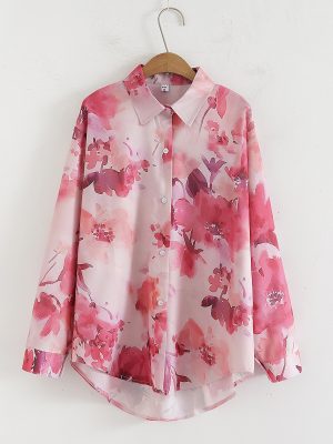 Floral Print Collared Long Sleeve Loose Shirt