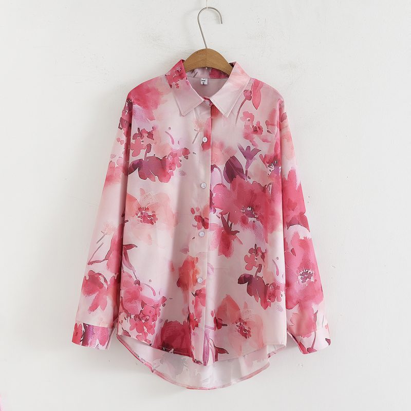 Floral Print Collared Long Sleeve Loose Shirt