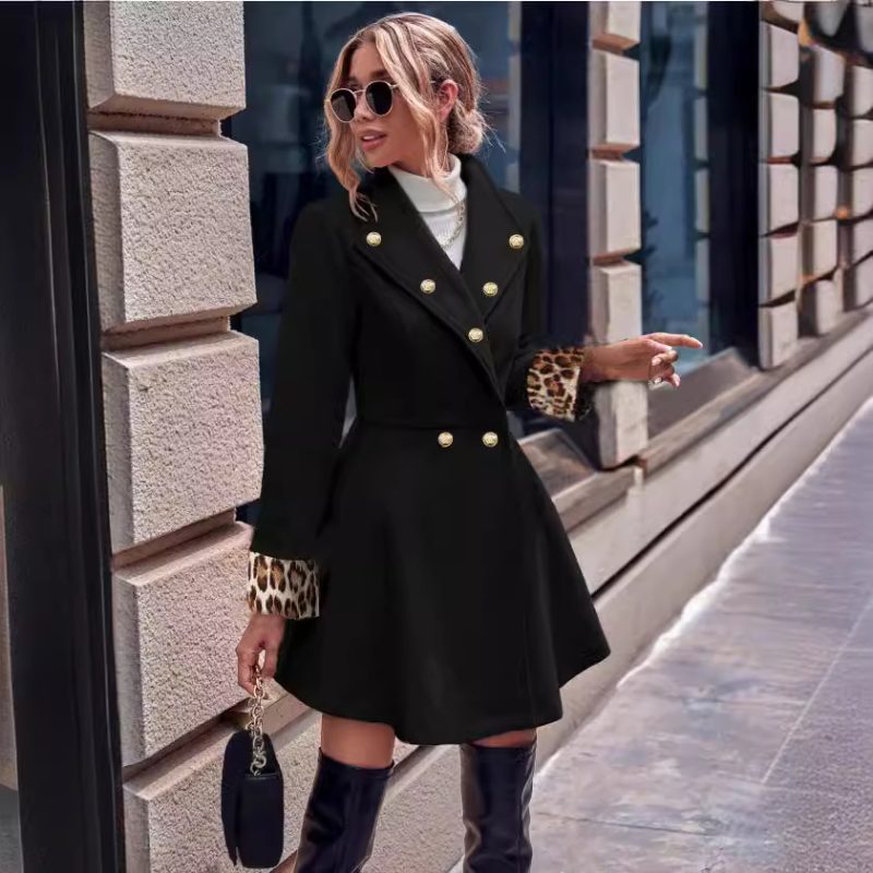 Winter Leopard Print V Neck Coat - Office Long Sleeve