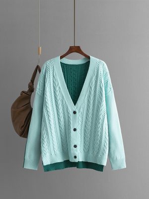 Color Matching Twist V-Neck Cardigan – Loose Fit Autumn Winter Coat