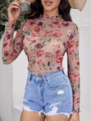 Elegant Mesh Floral Print Long Sleeve Top – Autumn/Winter