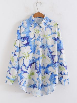 Women’s Collared Floral Print Shirt – Loose Fit, Long Sleeves