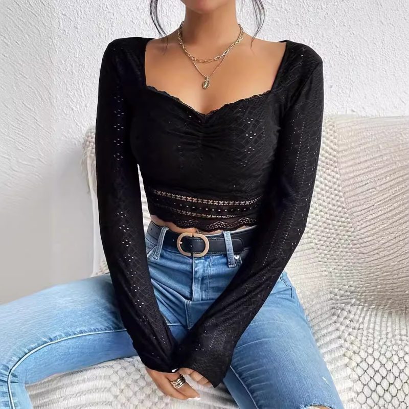 Lace Pleated Square Collar T-Shirt - Summer Long Sleeve - Image 4