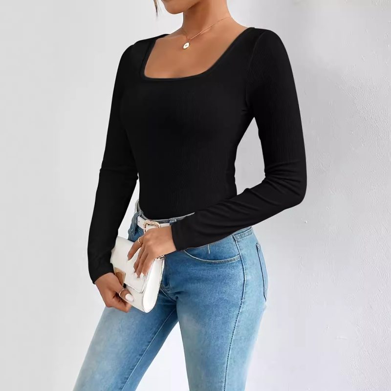 Sexy Boat Neck Ribbed Long Sleeve Top for Women - Image 2