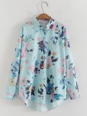 Women’s Loose Fit Printed Shirt – Collared, Long Sleeves