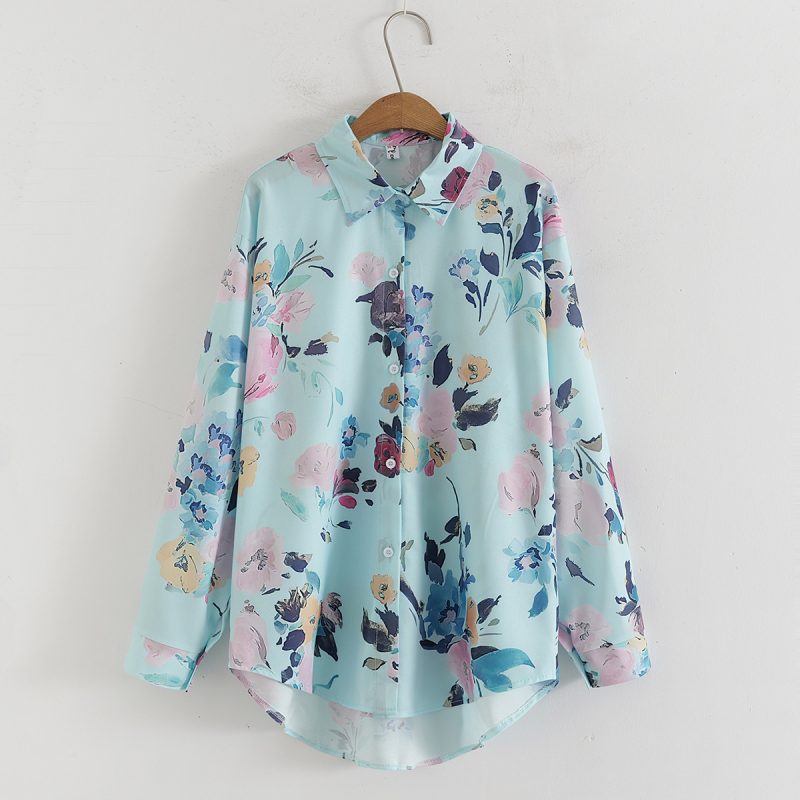 Women's Loose Fit Printed Shirt - Collared, Long Sleeves