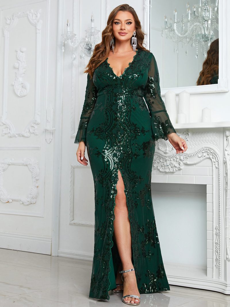 Plus Size Sequined V-Neck Long Sleeve Slit Fishtail Evening Gown - Image 2
