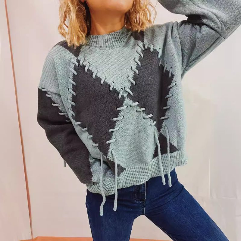 Spring Color Block Knitted Sweater - Diamond Lattice & Rope Strap - Image 4