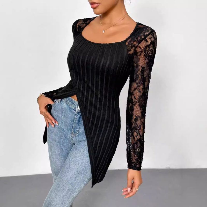 Lace Stitching Asymmetric Hem Top - Slim Fit Long Sleeve Women’s T-Shirt - Image 4