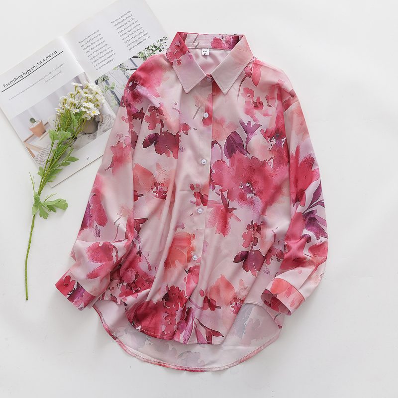 Floral Print Collared Long Sleeve Loose Shirt - Image 2