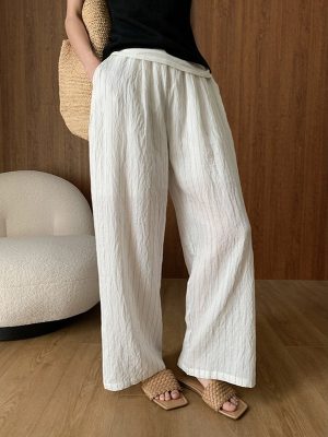 Striped Ruffle Wide-Leg Linen Blend Casual Pants