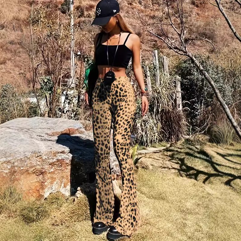 Leopard Print Skinny Bell Bottom Pants - Trendy Casual Wear - Image 4
