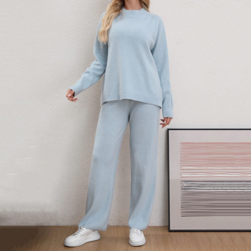 Solid Color Sweater & Knitted Trousers Set - Casual Two-Piece - Image 4