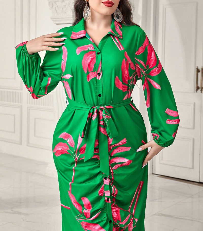 Plus Size Printed Elastic Waist Dress - Autumn Winter - Image 4