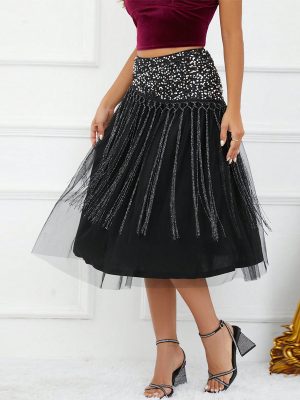 High Waist Tassel Drilling Mesh A-Line Midi Skirt