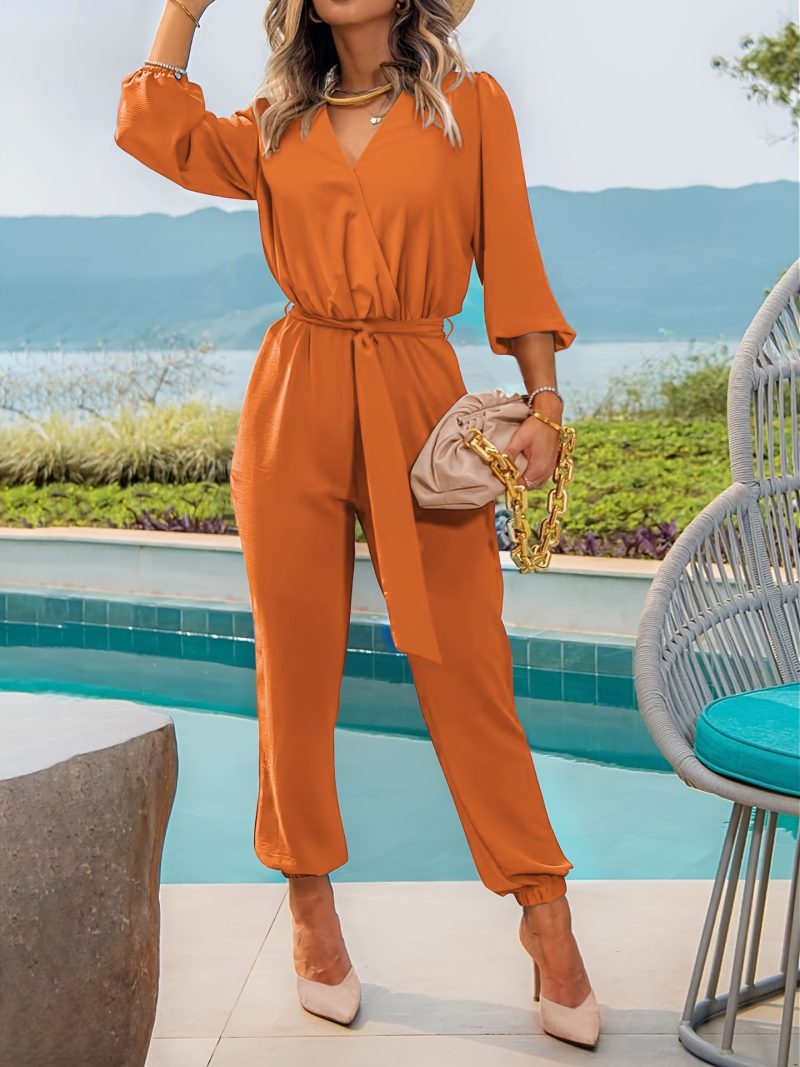 Cross V-Neck Puff Sleeve Jumpsuit - Office Casual Pantsuit - Image 2