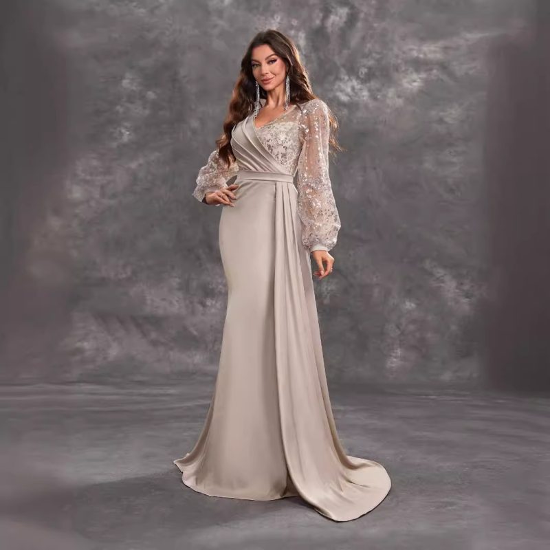 Elegant V-Neck Sequined Satin Long Sleeve Evening Gown for Women - Image 4