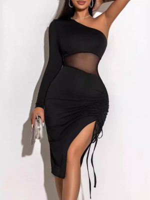 Summer See-Through Lace Mesh Dress – Drawstring & Body Shaping