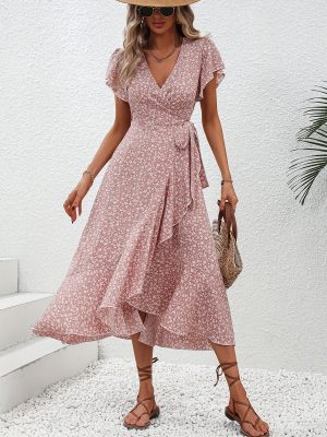 Sexy Waist-Trimming Floral Dress – Summer Short Sleeve