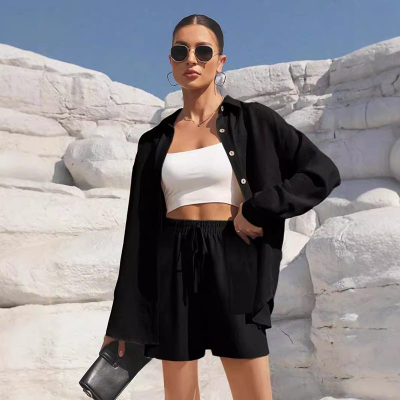 Women's Loose Collared Shirt and Elastic Waist Shorts Set - Solid Color Suit - Image 3