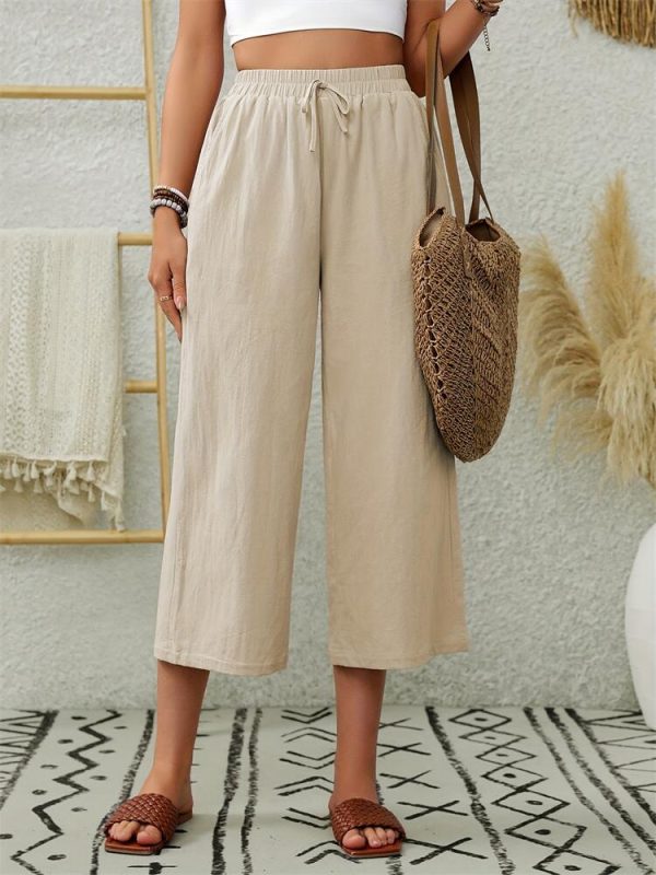 Elegant Cotton Linen Elastic Waist Wide Leg Cropped Pants with Pockets - Image 2