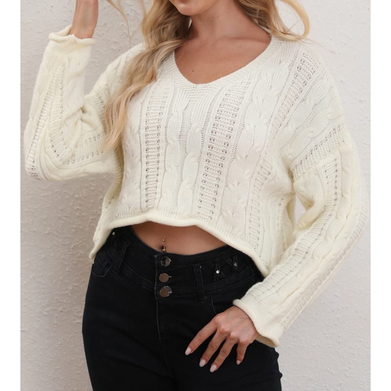 V-Neck Solid Color Twist Knitted Pullover - Fall/Winter - Image 3