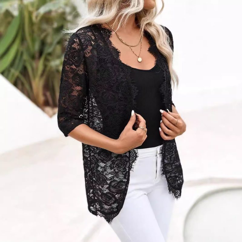 Elegant Lace Cardigan - Placket Stitching Women’s Top - Image 3