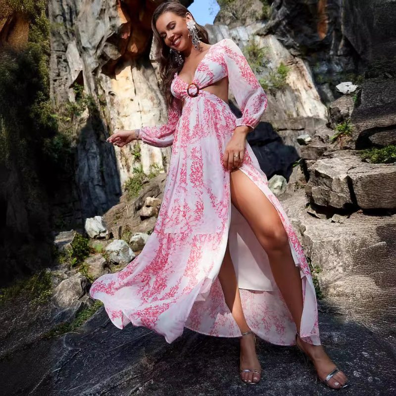 Sexy Chiffon Printed Long Sleeve Hollow Out Cutout Split Maxi Dress - Image 3