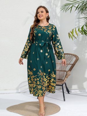 Plus Size Bronzing Printed Long Sleeve Loose Dress