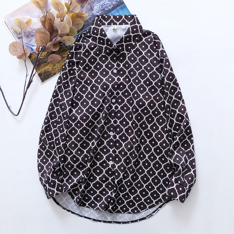 Floral Print Collared Loose Long Sleeve Shirt - Women’s Top - Image 3