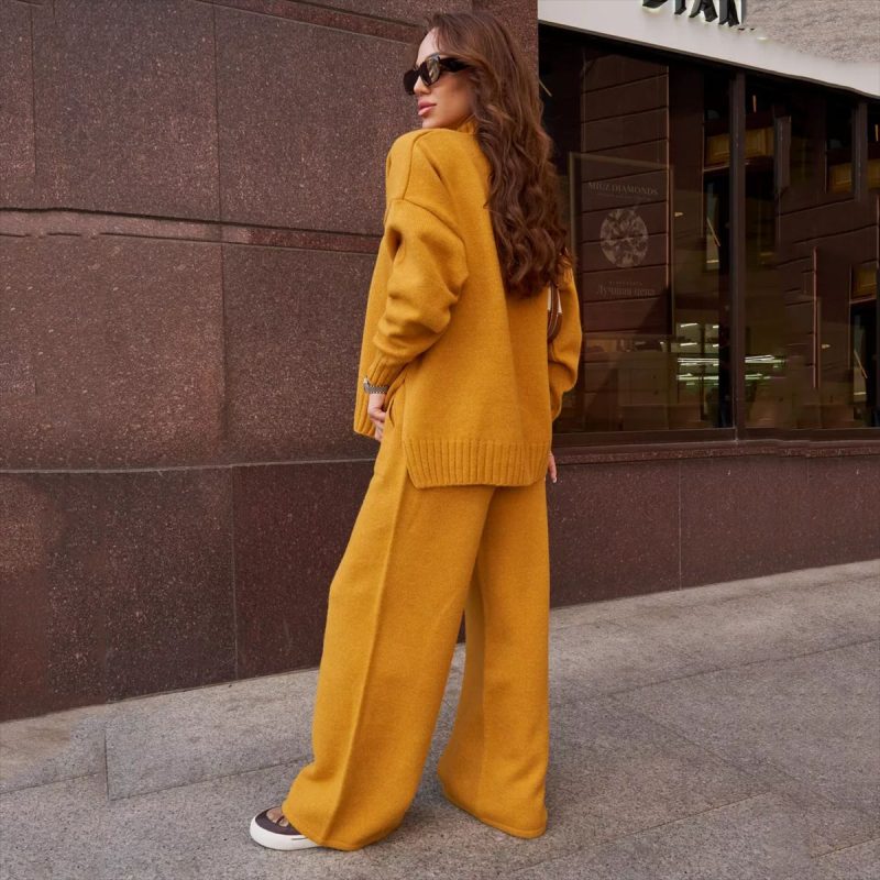 Solid Color Stand Collar Sweater & Trousers Set - Loose Fit - Image 2