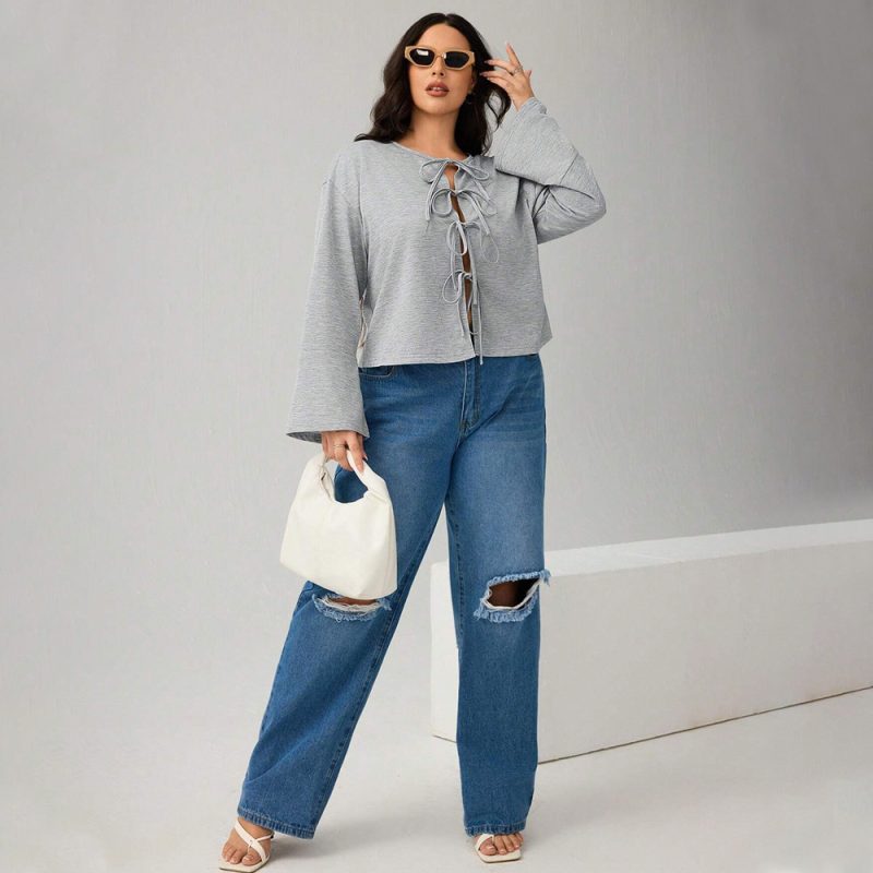 Plus Size Sexy Lace-Up Cardigan Top - Loose Fit, Autumn/Winter - Image 4