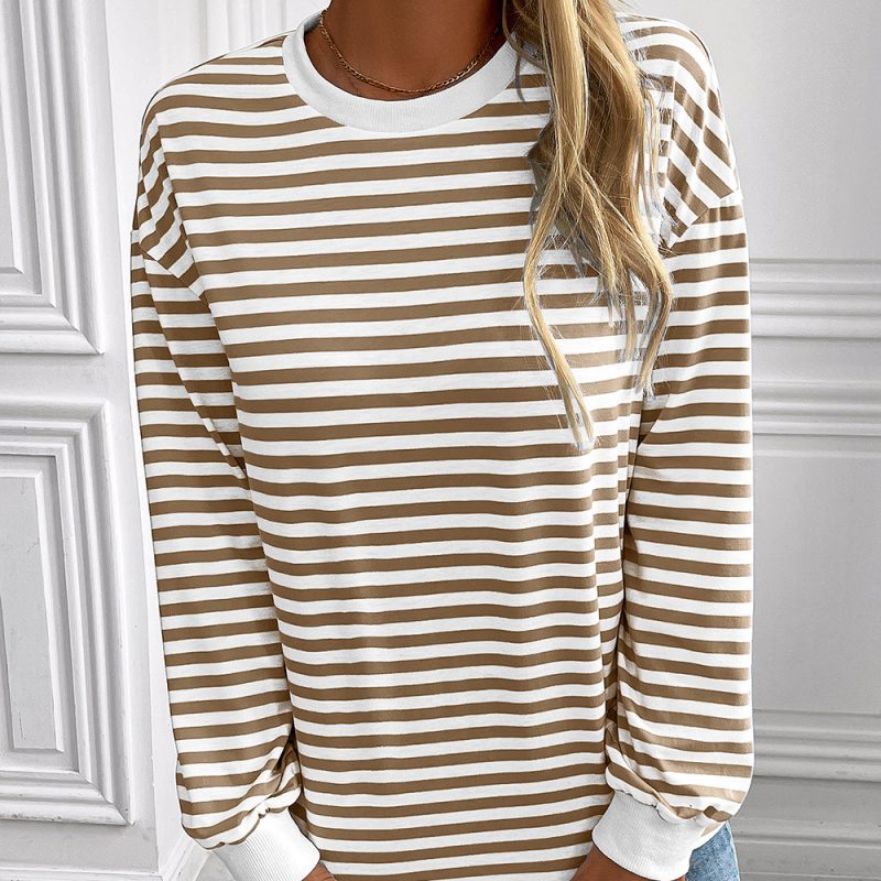 Loose Striped Long Sleeve Crew Neck T-Shirt for Women - Image 3