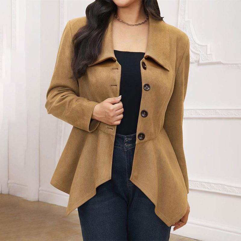 Elegant Asymmetric Suede Jacket - Collared & Loose Long Sleeve - Image 3