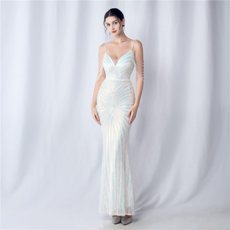 Beaded Floral Sequin Sling Dress - Wedding & Evening - Image 4