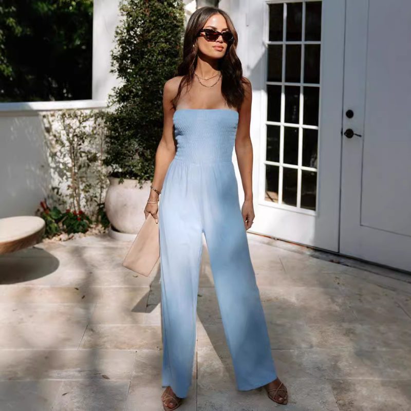 Summer Stretch Solid Color Sexy Tube Top Wide-Leg Jumpsuit - Image 2