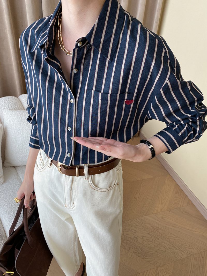 French Embroidery Striped Slimming Shirt Dress with Belt - Image 3