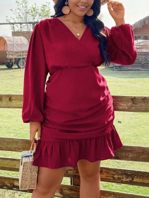 Plus Size Wine Red Pleated Elegant Dress for Autumn Winter