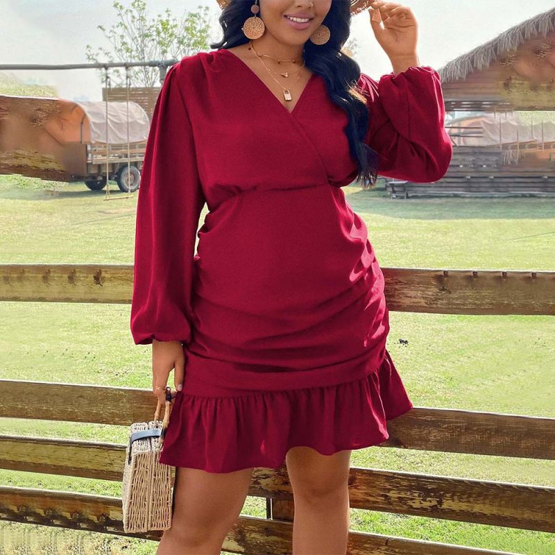 Plus Size Wine Red Pleated Elegant Dress for Autumn Winter