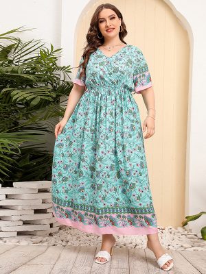 Plus Size Loose V Neck High Waist Beach Dress