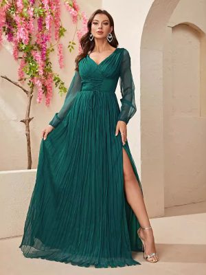 Long Sleeve Chiffon V-Neck Slit Maxi Dress with Waist-Controlled Lace-Up Pleats