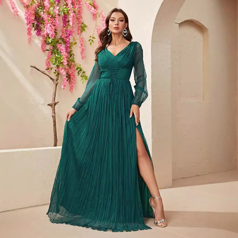 Long Sleeve Chiffon V-Neck Slit Maxi Dress with Waist-Controlled Lace-Up Pleats