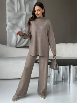 Stand Collar Sweater & Wide Leg Pants Set – Autumn/Winter