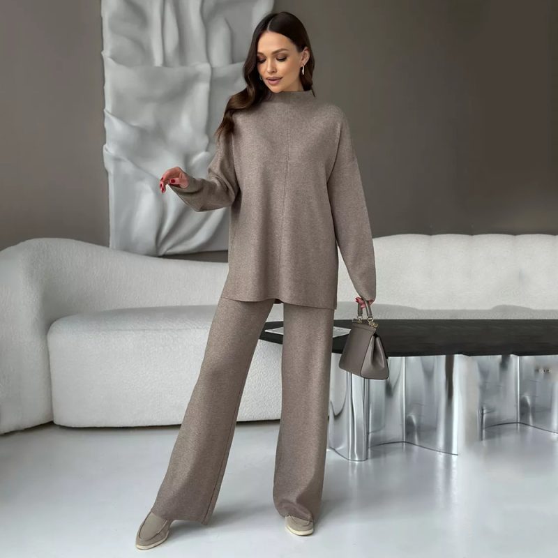 Stand Collar Sweater & Wide Leg Pants Set - Autumn/Winter