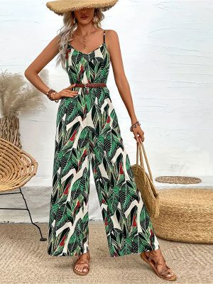 Printed Suspender Wide-Leg Jumpsuit – Draping Effect Trousers