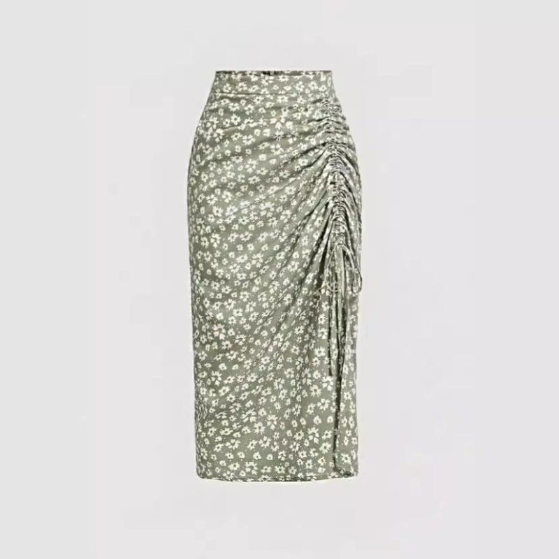 High Waist Chrysanthemum Print Slit Sheath Skirt - Summer