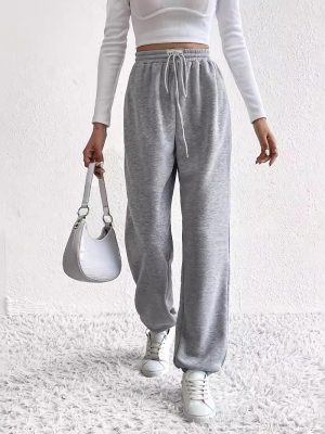 Gray Wide Leg Sweatpants for Women – Loose Fit, Ankle-Tied Drawstring Pants