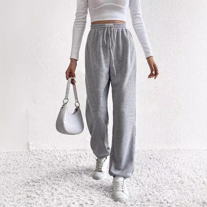 Gray Wide Leg Sweatpants for Women - Loose Fit, Ankle-Tied Drawstring Pants