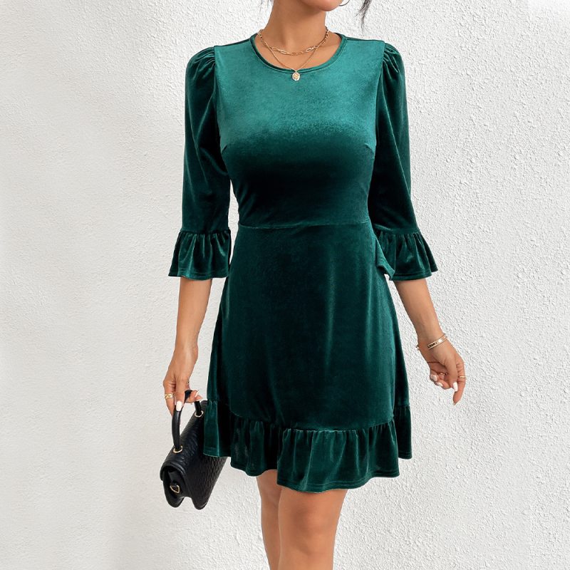 Elegant Velvet Ruffled Short Dress - Autumn/Winter