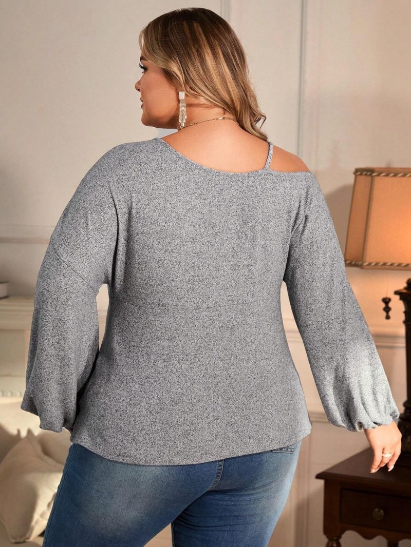 Plus Size Elegant Diagonal Collar T-Shirt - Slim Fit, Autumn/Winter - Image 3